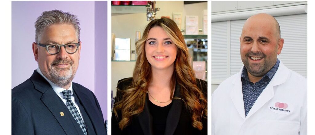 Äußern sich zu den Energiepreisen, von links.: Klaus Schäfer, Fachgeprüfter Bestatter und Geschäftsführer Bestattungshaus Schäfer-Kretschmer GmbH, Bergkamen, Giuliana Koke, Friseurmeisterin und Geschäftsführerin Salon HAIR, Dortmund, David Petermeier, Fleischermeister und Geschäftsführer der Fleischerei Josef Schäfermeier GmbH, Lippstadt